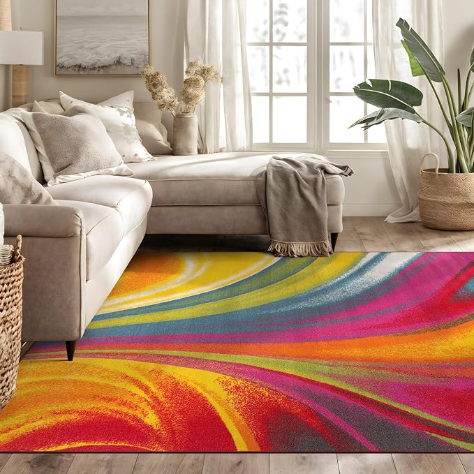 Rugshop Waves Non-Slip Contemporary Abstract Large Area Rug Multi 6'6" x 9' | Rectangular, Size 6'6" x 9', Living Room, Bedroom, Dining Room, Home Office, Kitchen, Entryway, Hallway, Nursery, Kids Room