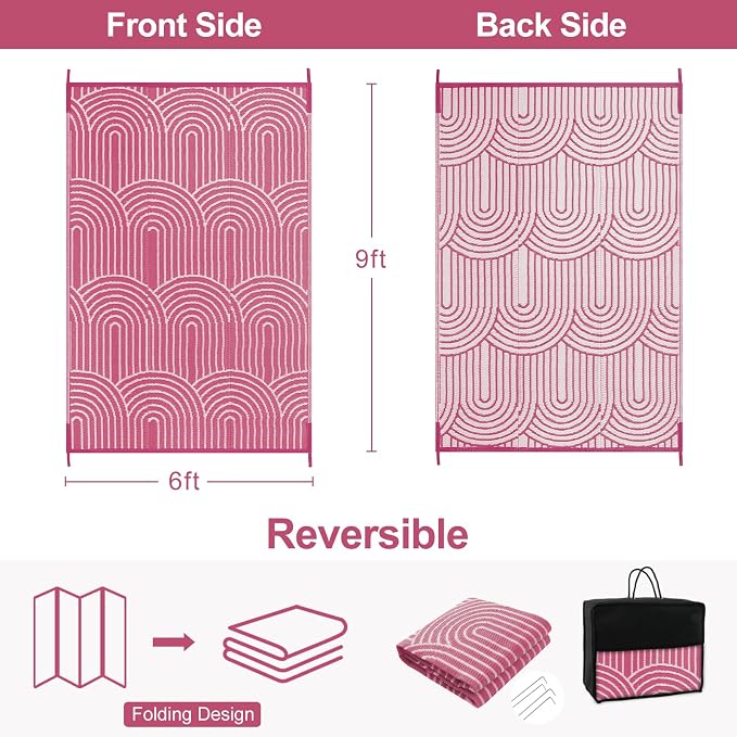 Lahome Deck Rugs Outdoor Waterproof 6x9 Patio Outside Rug, Plastic Straw Rug Reversible Rv Mat,Large Porch Floor Area Rug,Portable Camping Carpet for Balcony Tent (Rainbow Pink, 6'x9')