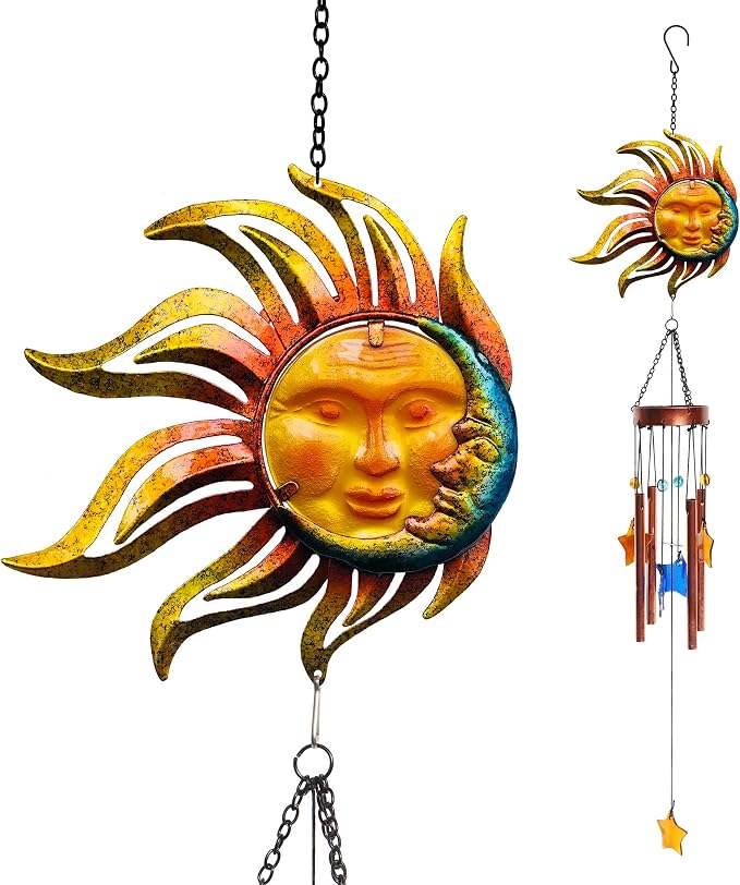 Sun with Flame Wind Chime for Outside Decor, with Star Shape Suncatcher | BVLFOOK; Aluminium Tubes; Wind Chimes; Hanging for Porch Patio Balcony Décor; 37 Inch; indoor & outdoor