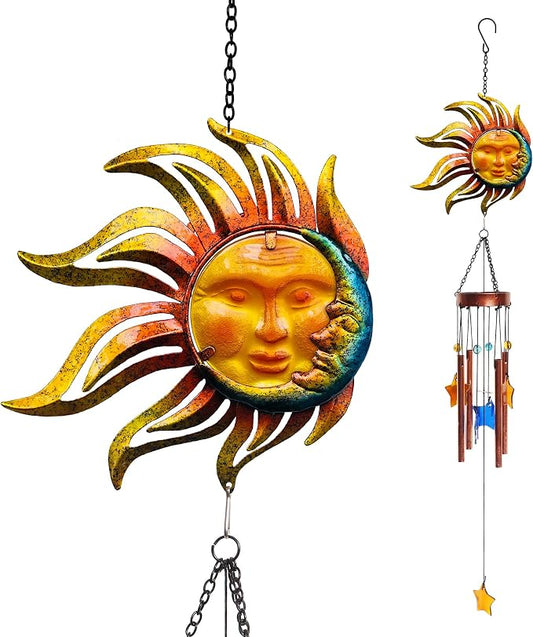 Sun with Flame Wind Chime for Outside Decor, with Star Shape Suncatcher | BVLFOOK; Aluminium Tubes; Wind Chimes; Hanging for Porch Patio Balcony Décor; 37 Inch; indoor & outdoor