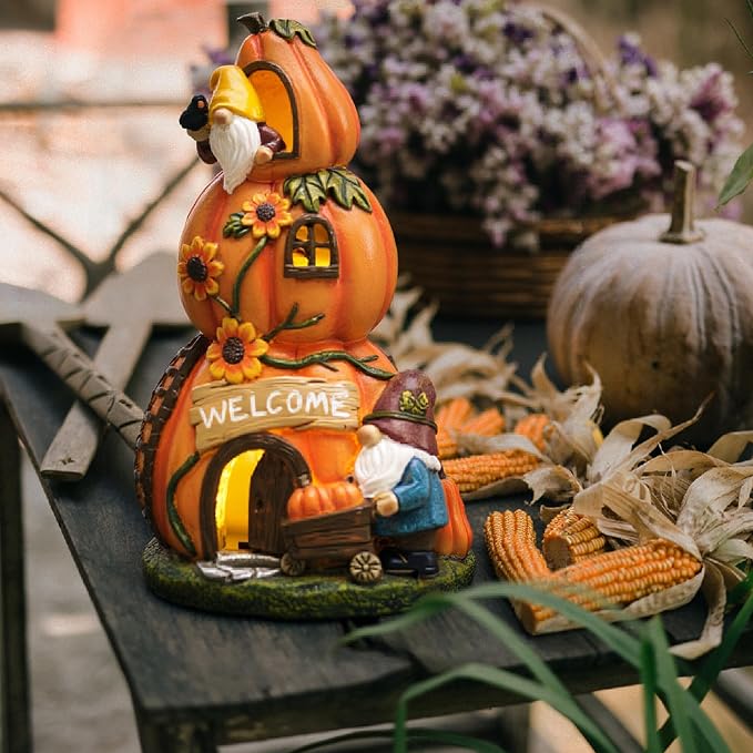 TERESA'S COLLECTIONS Fall Decor, Pumpkin Decor, Orange Pumpkin Fairy House and Gnomes Santa with Solar Lights, Waterproof Resin Outdoor Fall Decor, Fall Gifts Outdoor/Indoor, 9.7"