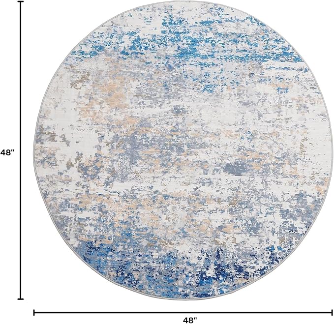 ROYHOME Modern Abstract 4x4 Round Area Rug Non Slip, Blue/Grey | Non Shedding Rug Low Pile Stain Resistant for Bedroom Living Room office Dining Room