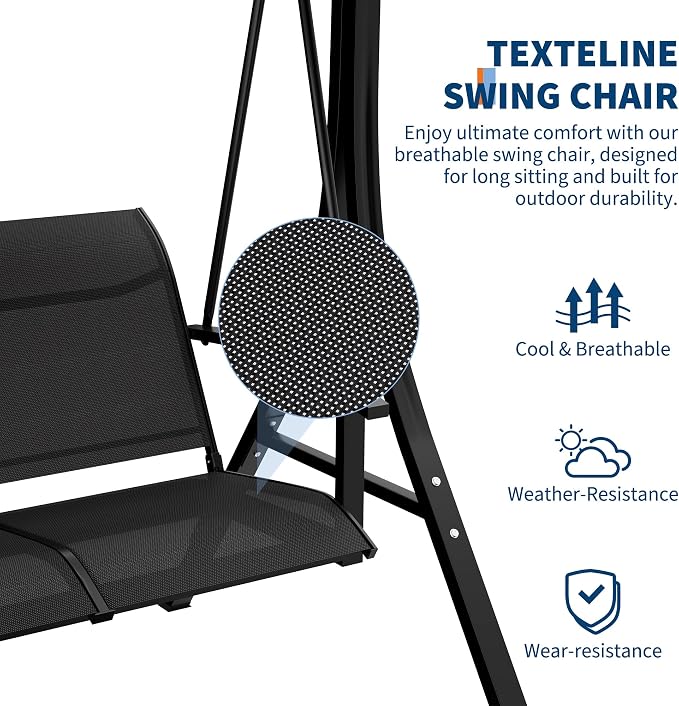 GarveeLife 3-Seat Patio Swing Chair, Outdoor Porch Hanging Swings with Adjustable Canopy and Armrests, Breathable Textilene Fabric Seat & Backrest, Swing Bench for Garden, Poolside, Backyard, Black
