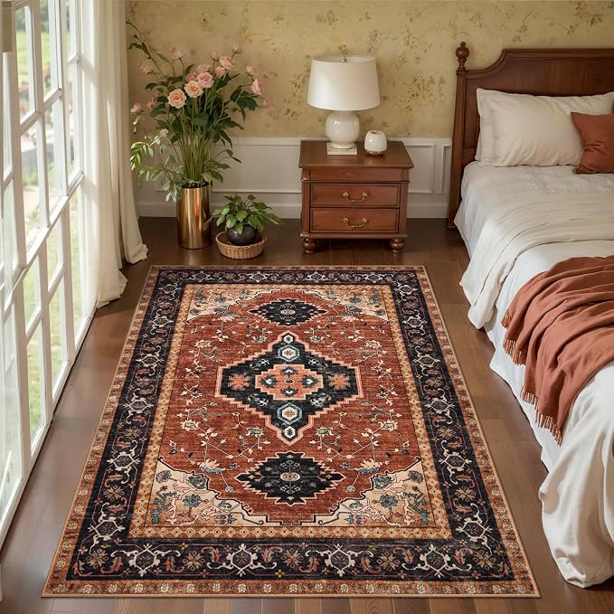 Tangsoo Oriental 3x5 Washable Area Rugs, Vintage Non Slip Accent Rug | Boho Indoor Print Carpet, Soft Low Pile Rug for Living Room Dining Bedroom Bedside Entryway Orange/Black Home Decor