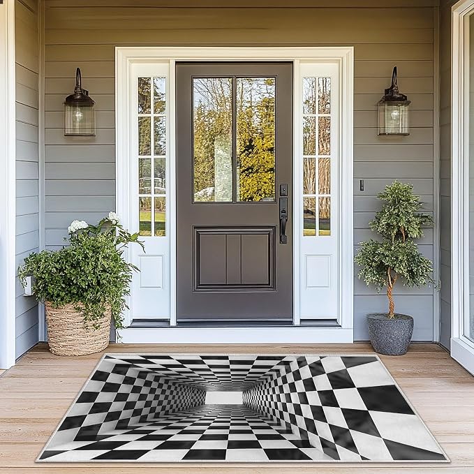 Boho Area Rug for Living Room Abstract 3x5 Entryway Rug Modern 3D Hole Trap Optical Visual Illusion Rugs Non Slip Low Pile Machine Washable Black White Floor Carpet for Indoor Bedroom Dining Room