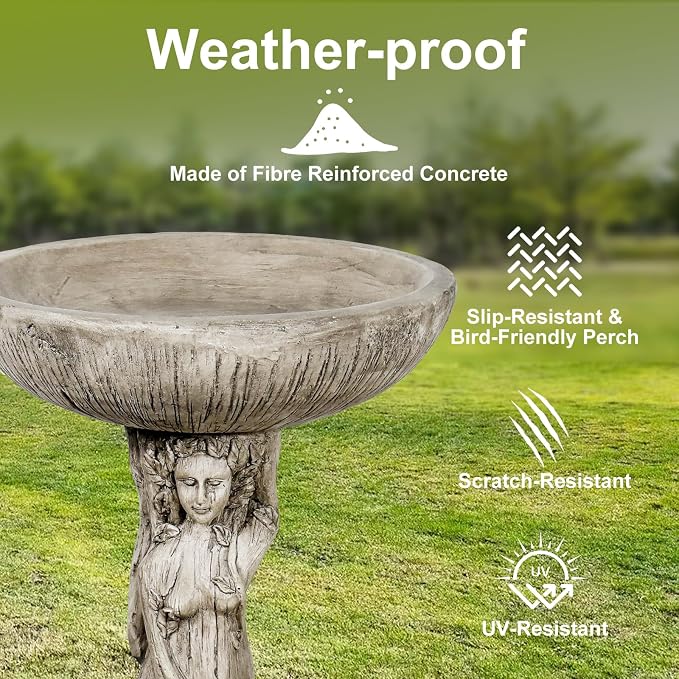 SKYFIRE 25” Tall Outdoor Concrete Bird Bath -Tree Nymph Goddess Pedestal Birdbath Bowl with Wood Grain Texture for Patio, Lawn, Yard, Outdoor Decor - 17”Dia. Garden Decor Statue Birdbaths for Birds