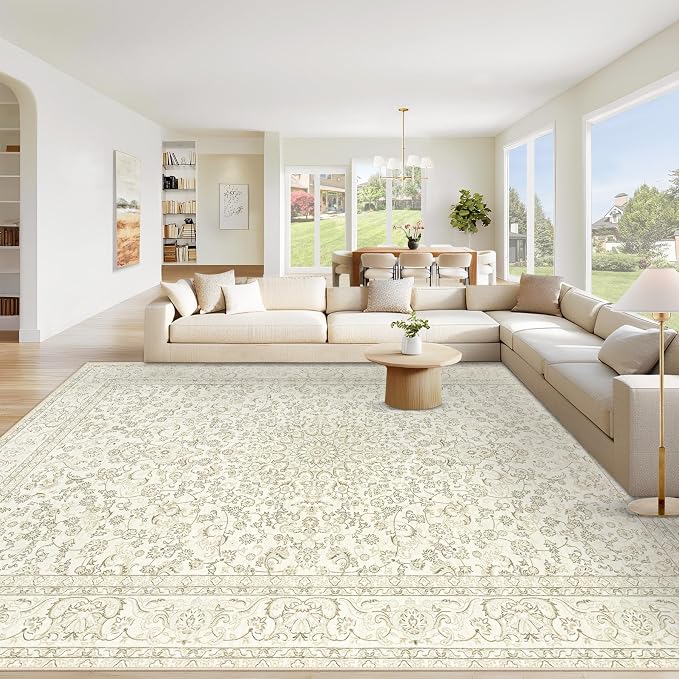 Area Rug 8x10 Washable Rug, Vintage Boho Medallion Rugs Non-Slip Soft Low Pile Large Distressed Rug Indoor Retro Carpet for Living Room Bedroom Dining Room Home Office (IvoryBeige, 8'x10')