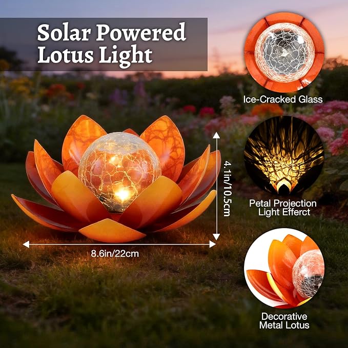 Huaxu Solar Lights Outdoor Garden Decoration Crackle Globe Glass Waterproof LED Metal Orange Lotus Flowers Gift for Mom,Women,Patio,Lawn,Walkway,Tabletop,Ground