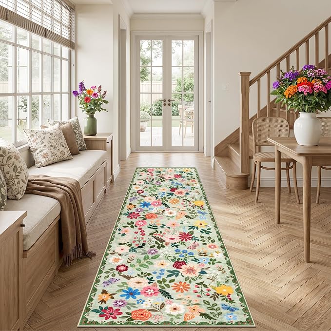 PLHXFR 3x10 Washable Runner Rug：Floral Indoor Kitchen Soft Carpet Green | For Hallway Bedroom Kitchen Laundry Bathroom Dorm,Vintage Floral,Machine washable,Non Slip,Stain Resistant,Indoor Floor