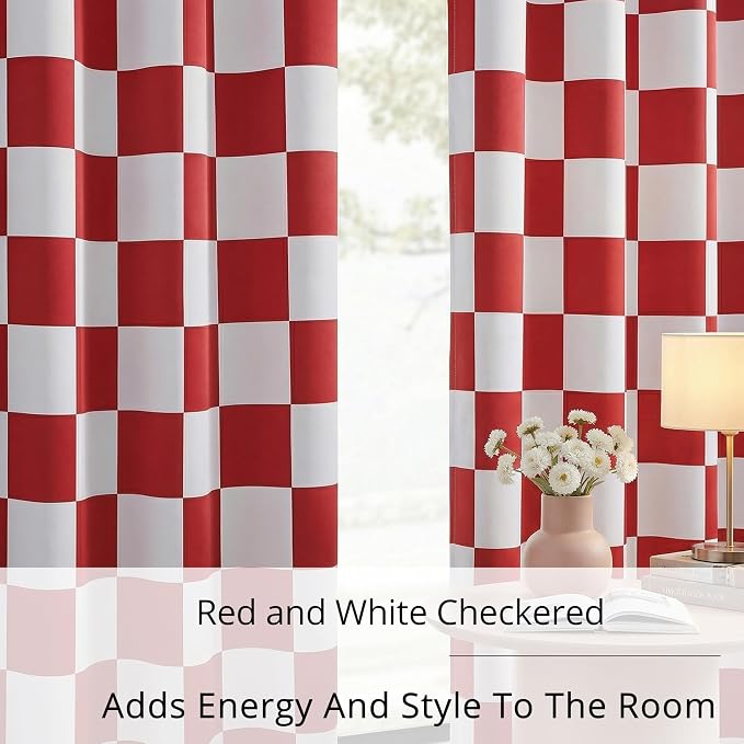 100% Blackout Checkered Curtains – 2 Panels, Each W52×L96, Thermal Insulated, Nosie Reducing for Bedroom, Modern Cabin Red and White Checkerboard Design