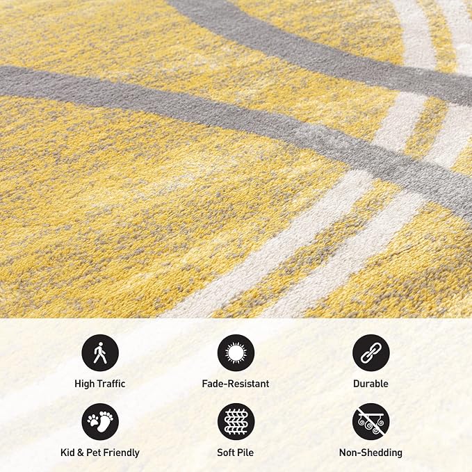 Rugshop Wavy Circles Non-Shedding Living Room Runner Rug Yellow 2' x 10' | Rectangular, Size 2' x 10', Bedroom, Dining Room, Home Office, Kitchen, Entryway, Hallway, Nursery, Kids Room, Guest Room