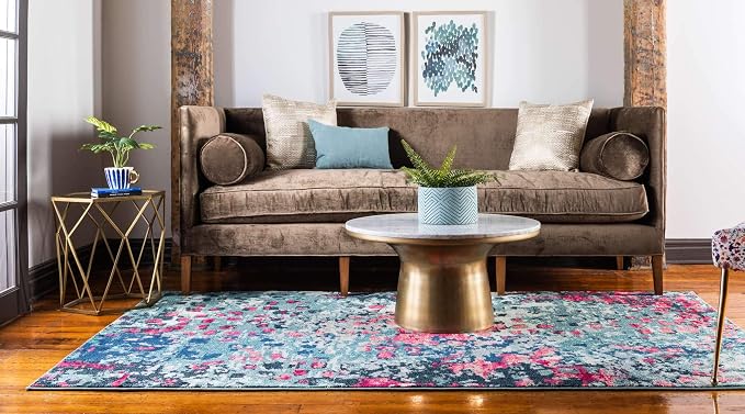 Unique Loom Jardin Collection Colorful, Vibrant, Abstract, Modern Area Rug (4' 0 x 6' 0 Rectangular, Blue/ Pink)