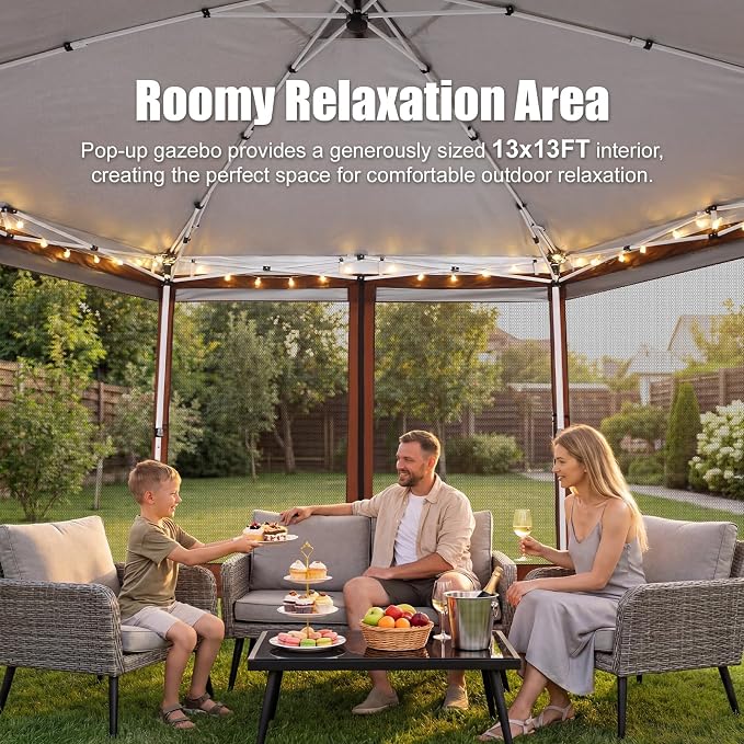 COBIZI 14x14 Pop Up Gazebo Tent with Mosquito Netting, Gazebos on Clearance, Hexagonal Outdoor Canopy Shelter, Patented Center Lock 6-Sided Portable Gazebos, Pop Up Canopy Tent for Backyard, Brown