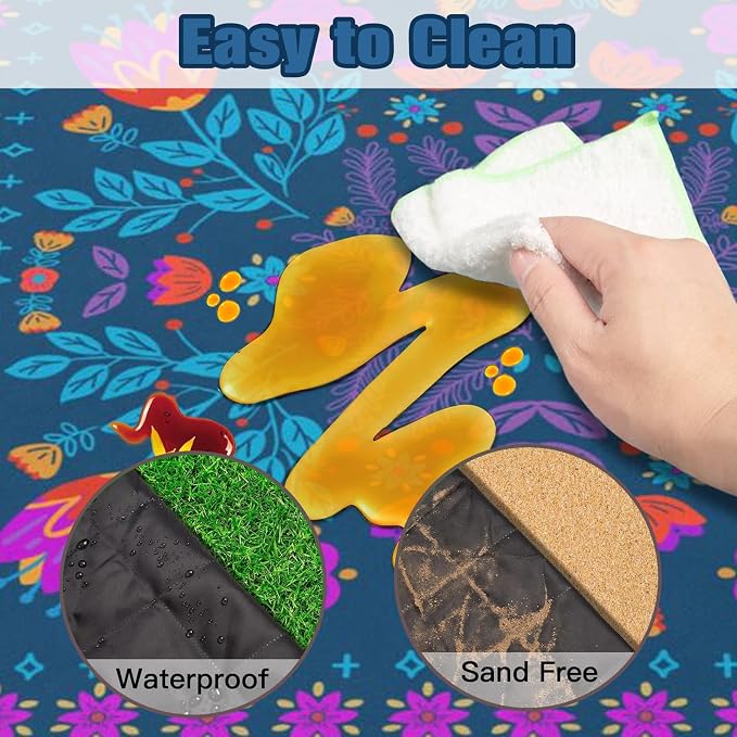 Picnic Blankets Extra Large Waterproof, 80"x 80" Dark Floral Beach Mat with Corner Pockets Windproof Sandproof Foldable Portable 3-Layer Mat Darker for Wet Grass,Parks,Music Festival,Camping,Concerts
