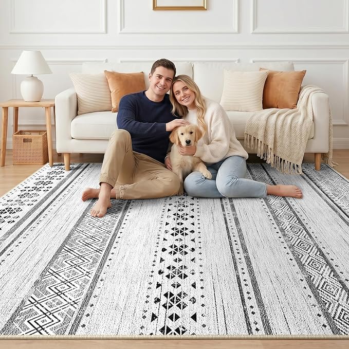 8x10 Washable Area Rugs for Living Room Boho Bedroom Rug Grey/Black/Navy | Vacuum Friendly, Machine Washable, Non-Slip Rug, Stain Resistant, Moroccan Geometric, Low Pile Carpet, Dining Room Kitchen