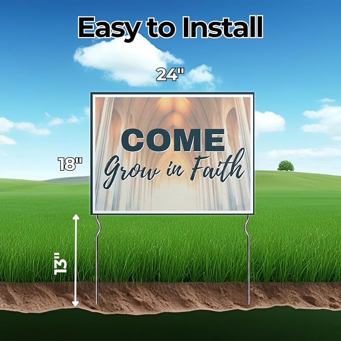 Come Grow in Faith! Yard Sign by DC | 24"x18" Double Sided Church Garden Sign with 13” Metal Stakes | Outdoor Signs Waterproof for Lawn, Patio, Sidewalk & House | Set of 2 | Made in USA