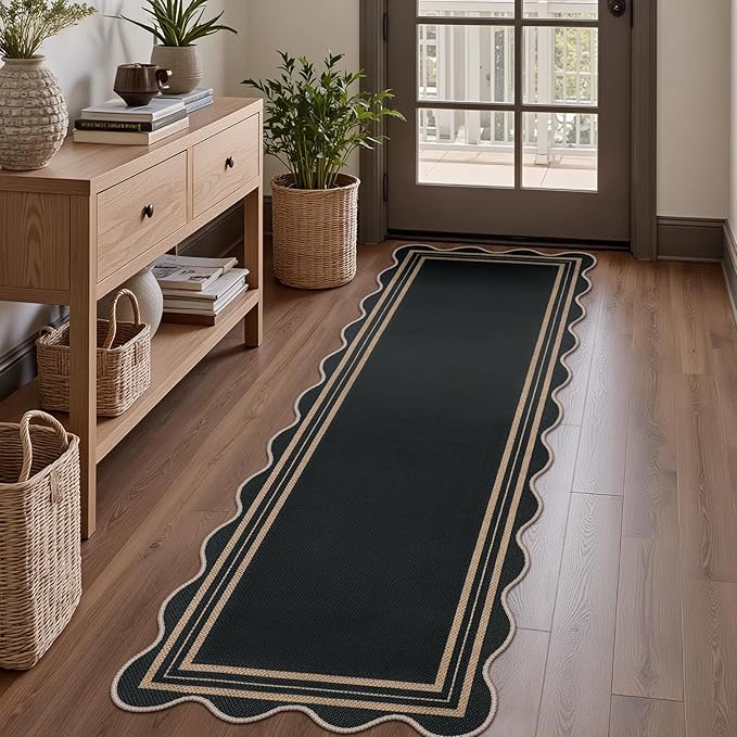Scalloped 2x6 Kitchen Runner Rug, Washable Rugs for Entryway Non Slip Outdoor Indoor Black Hallway Rug, Farmhouse Morden Carpet for Entry Bedroom Laundry