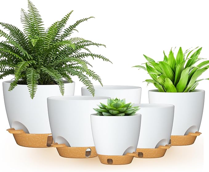 8/7/6.5/6/5.5/5 Inch Self Watering Pots for Indoor Outdoor Plants, Set of 6 Large Plastic Planters with Visual Water Window, Drainage Holes & Watering Lip, Modern Decorative Flower Pots (White)