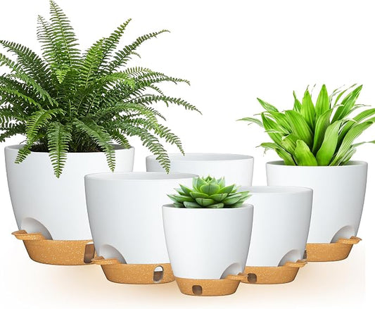 8/7/6.5/6/5.5/5 Inch Self Watering Pots for Indoor Outdoor Plants, Set of 6 Large Plastic Planters with Visual Water Window, Drainage Holes & Watering Lip, Modern Decorative Flower Pots (White)