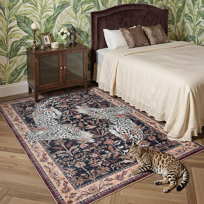 Moynesa Leopard Washable Area Rugs for Living Room, 5x7 Vintage Soft Rug for Bedroom, Non Slip Boho Ultra Thin Large Stain Resistant Throw Rug for Dining Guest Room, Puce Red