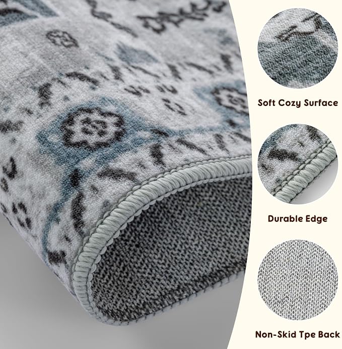LBRO2M Machine Washable Rug Soft Pet Friendly Carpet 2X10 Dusty Blue | Persian Runner Rug 2X10 for HallWay, Bedroom, Kitchen, Laundry Room, Non Slip Carpet, Foldable Stain Resistant Rugs
