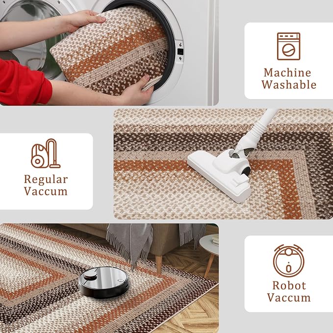 RUGSREAL Washable Runner Rug 2x8 Non Slip Braided Hallway Runner Mat | Stain Resistant Kitchen Farmhouse Printed Carpet Rustic Accent Runners for Living Room Bathroom Entryway, Brown/Rust