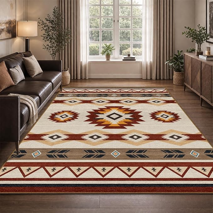 5x7 Western Aztec Area Rug for Living Room Bedroom Southwestern Boho Large Rug Machine Washable Non-Slip Carpet for Dining Room Office