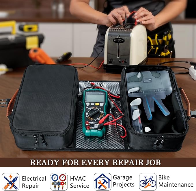 Heavy Duty Tool Bag Organizer with Clear Lid Compartments for Electrician, Portable Tool Organizer Case for Multimeter, Diagnostic & HVAC Repair Tools, Roll Up Tool Bag Organizer