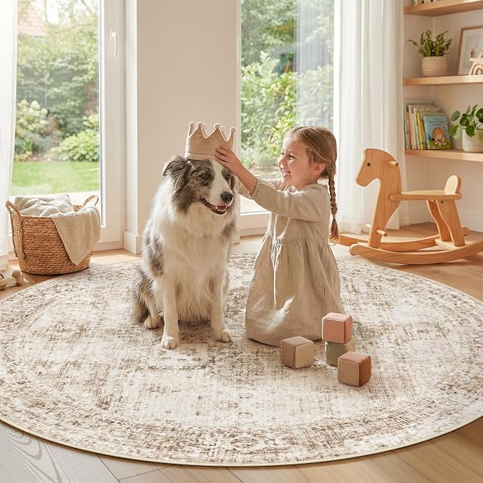 Round Rugs 6ft Washable Rug, Vintage Boho Medallion Rugs Non-Slip Soft Low Pile Circle Distressed Rug Indoor Retro Carpet for Living Room Bedroom Dining Room Home Office (Brown, 6' Round)