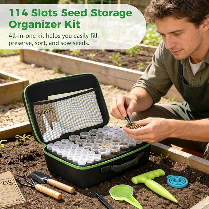 114 Slots Seed Storage Organizer Kit, Waterproof Portable Seed Box with Envelopes, Funnel, Shovels, Tweezers, Labels, Garden Saver Kit for Flower, Vegetable, Plant, Green