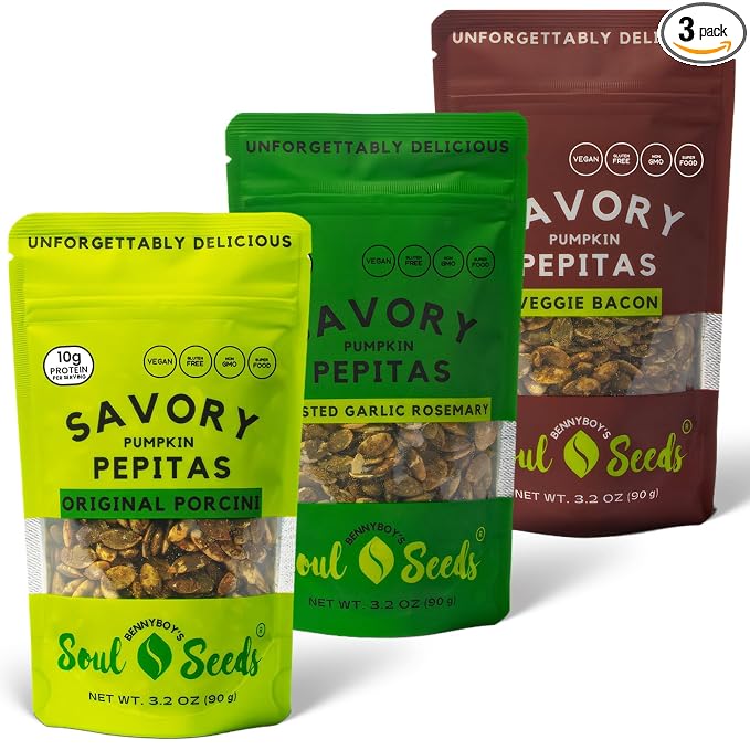 Soul Seeds Pumpkin Seeds Variety Pack – Organic Pepitas Snack Pack with Porcini, Garlic Rosemary & Veggie Bacon Flavors, Savory Vegan Seed Snacks, Crunchy Roasted Topping, 3 Pack 3.2 oz