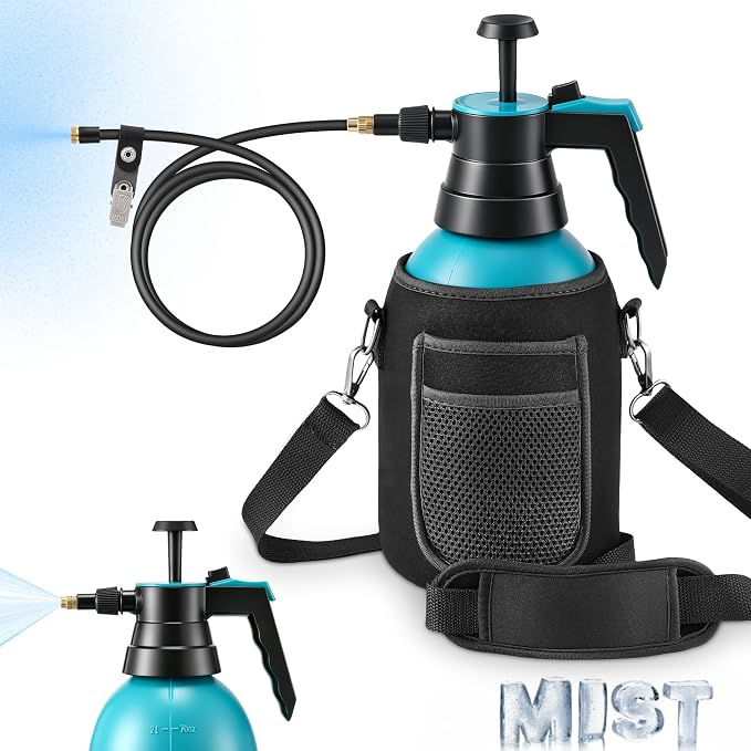 Aurelema Personal Mister, 2 in 1 Water Spray Bottle with 3.3ft Extend Mist Line/Neoprene Jacket/Strap, Portable Handheld Pump Spray Bottle for Outdoor Cooling, Hiking, Garden, Pet(Black,2L)