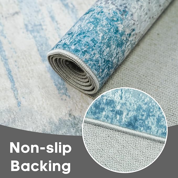 Washable 3x12 Hallway Runner Rug: Washable Non Slip Carpet Blue | for Long Entryways Kitchen Living Room - Abstract Modern Neutral Thin Low Pile Runners 3x12 Blue
