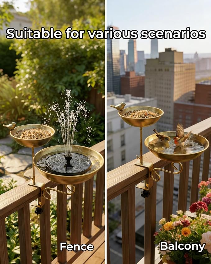 Deck Mounted Dual-Tier Bird Bath with Adjustable Clamp Metal Balcony Bird Bath & Bird Feeder for Railing, Patio, Fence – Easy Clean Outdoor Birdbath for Cardinals, Finches & Sparrows