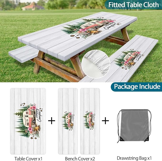 Picnic Table with Bench Covers 3 PCS Set, Pink Leopard Floral Camper Waterproof Windproof, Elastic Fitted Tablecloth with Drawstring Bag for Camping BBQ RV Trip Outdoor Party, 30X60 inch