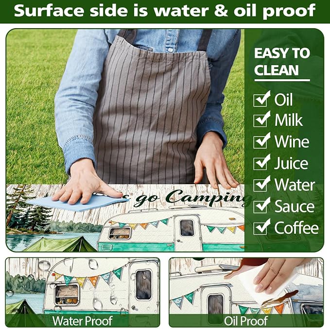Picnic Table Cover with Bench Covers Elastic Edges, Camping Watercolor Wooden Table Cover, Outdoor Patio Camping Essentials 60 Inch 3PCS, Waterproof Washable Fitted Tablecloth with Drawstring Bag