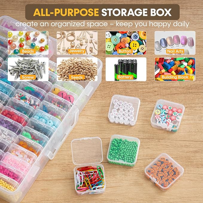 Portable Bead Organizer, 60Pcs Small Clear Storage Boxes with Hinged Lid and Large Craft Case with Handle, Mini Plastic Containers for Jewelry Making Diamonds Arts Screws Seeds Small Parts