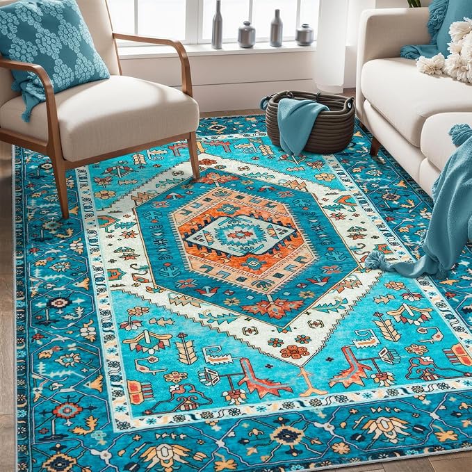 SERISSA 4x6 Washable Non Slip Boho Area Rug for Bedroom，Blue | Ultra Soft Vintage Oriental Carpet Low-Pile Distressed Tribal Throw Carpet for Entry Living Room Nursery Kitchen Dorm Decor