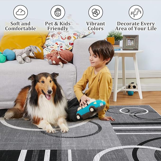 RUGSREAL 9x12 Washable Rugs Abstract Circles Rug Low Pile Throw Carpet | Contemporary Modern Area Rugs Stain Resistant Accent Rug for Bedroom Living Room