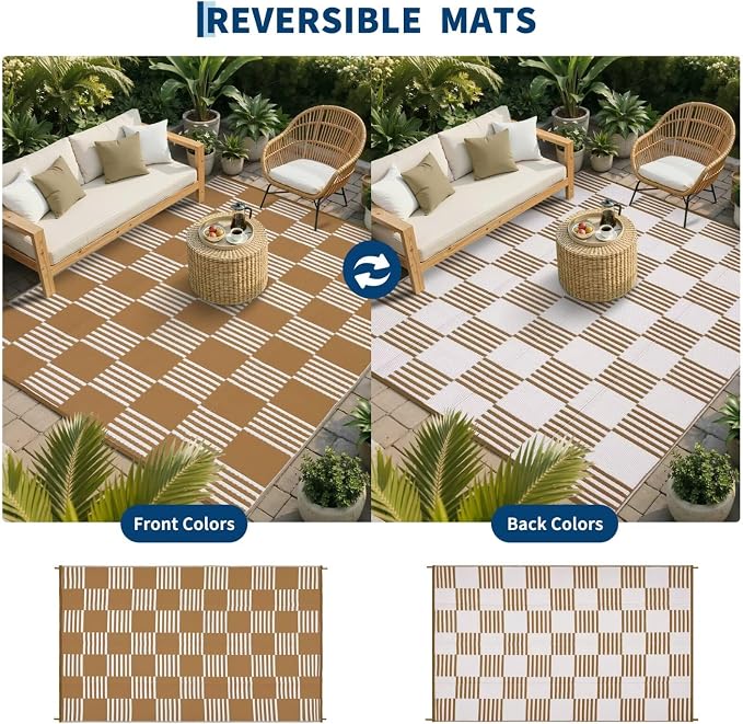 Garvee Waterproof Outdoor Rug 9x18, Checkered Foldable Plastic Straw Patio Camping Rug, Outdoor RV Carpet for Deck Camper Porch Balcony Backyard Picnic Beach Tan