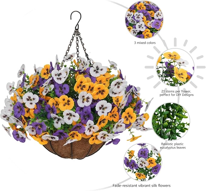 2 Set Artificial Hanging Flowers with Basket for Outdoor Decor, 24 Pcs Silk Pansy Fake Plants for Garden Porch Patio Balcony Yard Home Decoration