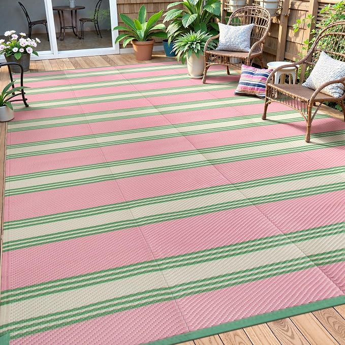 Lahome Striped Outdoor Plastic Straw Rug, Reversible Outdoor Rug Waterproof 9x12 Rugs for Patio, RV Camping Rug Picnic Mat Outside Large Carpet for Beach Deck Backyard Balcony(Pink/Green,9'x 12')
