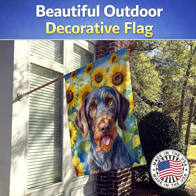 Caroline's Treasures DAC6086CHF German Wirehaired Pointer in Sunflowers House Flag Large Porch Sleeve Pole Decorative Outside Yard Banner Artwork Wall Hanging, Polyester, House Size, Multicolor