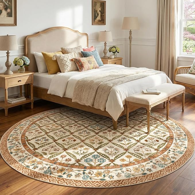 jinchan Round Rug 7ft Vintage Floral Washable Circle Area Rug, Terracotta | Soft & Lightweight, Checkered Floral, Low Pile, Non Slip, Dining Room, Living Room, Bedroom, Girls Room, Kids Room Decor