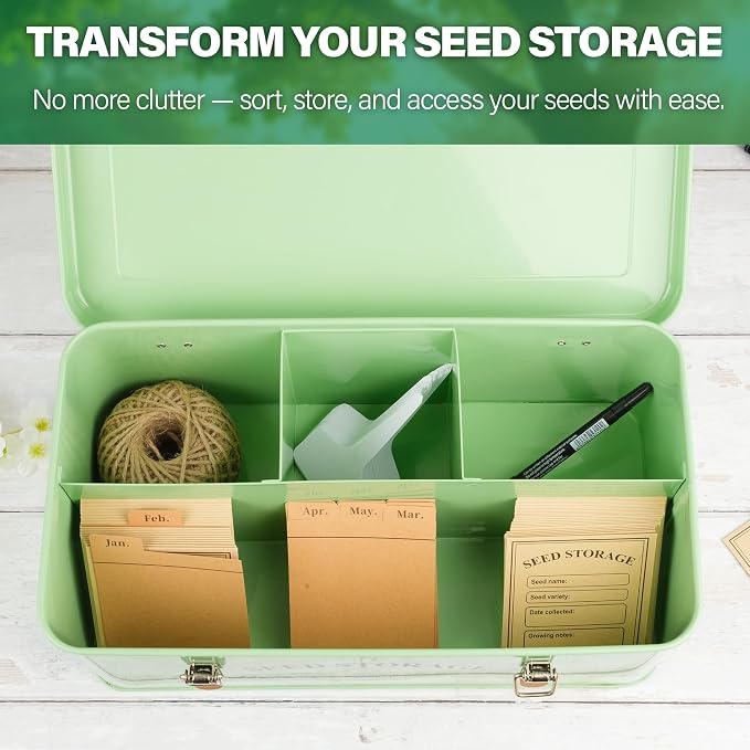 Seed Storage Box Organizer – Green Garden Seeds Tin with Lid, Side Handles, 4 Compartments & Safety Lock – Seed Packet Container for Gardeners – Gardening Gift Idea | Seed Tin with Lid, Handles, 4 Sections & Safety Lock – Perfect Gardening Gifts for Me...