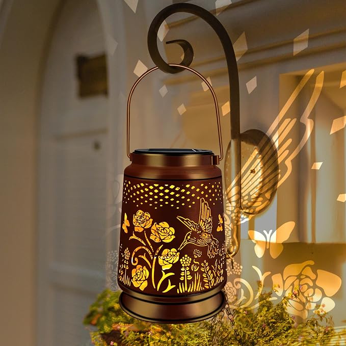KY&BOSAM Rose Hummingbird Solar Lanterns Outdoor Waterproof Garden Decor | Retro Appearance ,Old Gold Color Metal Hanging Solar Lights Gifts for Women Mom Grandma Outside for Yard,Patio,Backyard,Porch