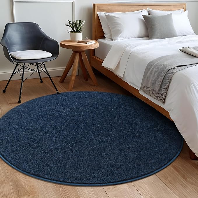 5' Navy Blue Round Area Rug Modern Solid | Washable Memory Foam, Low Pile Non Slip Indoor Carpet for Living Room Bedroom Office Classroom College Dorm Room Home Decor
