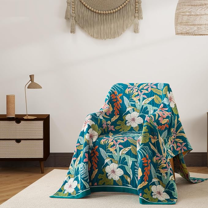 Phuryllic Boho Throw Blanket Twin Size, Soft Cozy Cotton Muslin Quilt Blanket for Bed Decor, Floral Patterned Couch Sofa Chair Cover, Vintage Farmhouse Cottage Tapestry Woven Blanket, Teal&Green