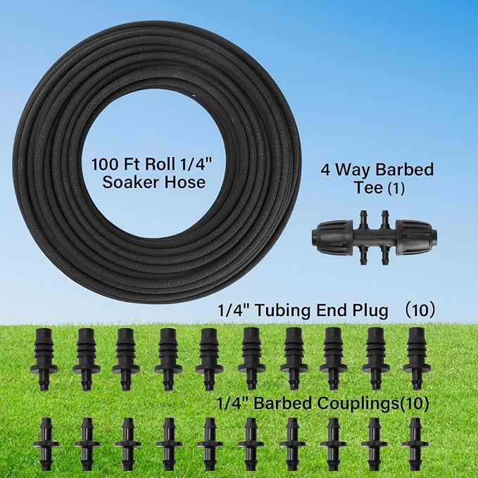 MIXC 80% Water-Saving Soaker Hose – 1/4" x 100 Ft Drip Irrigation Tubing for Garden, Lawn, Flower Beds & Vegetable Rows, with 1/4" Drip Fittings