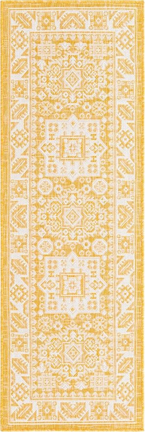 Unique Loom Outdoor Aztec Collection Area Rug - Chalca (2' x 6' 1" Runner, Yellow/ Ivory)